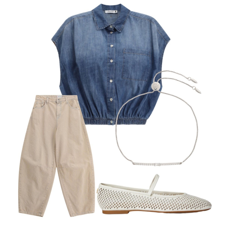 Outfit donna - Camicia relax per l’estate. Stile Basic per Tutti i giorni. Abbinamento con camicie, jeans, ballerine, braccialetti.