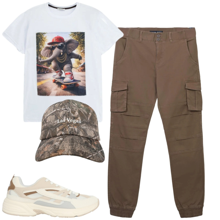 Outfit uomo - Total look #2409721. Stile Casual per Tutti i giorni. Abbinamento con pantaloni cargo, sneakers, cappelli con visiera, t-shirt.