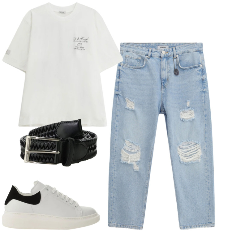 Outfit uomo - Total look #2409731. Stile Casual per Tutti i giorni. Abbinamento con jeans strappati, t-shirt, sneakers, cinture.