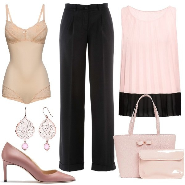 Outfit donna - Classica. Stile Chic per Ufficio. Abbinamento con pantaloni, top contrasto plissè con scollo rosa, body aderente beige, décolleté in pelle, orecchini pendenti in argento 925 oro e rosa, shopping bag con fiocco e zip con tasca interna.