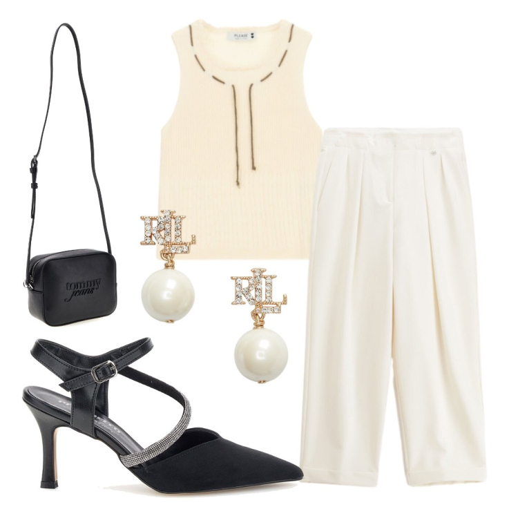 Outfit donna - Orecchini con perle per cena. Stile Chic per Serata fuori. Abbinamento con pantaloni, top, orecchini, décolleté, borse a tracolla.