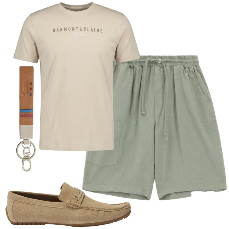 Outfit uomo - Total look #2409750. Stile Casual per Tutti i giorni. Abbinamento con bermuda, portachiavi, scarpe stringate, t-shirt.