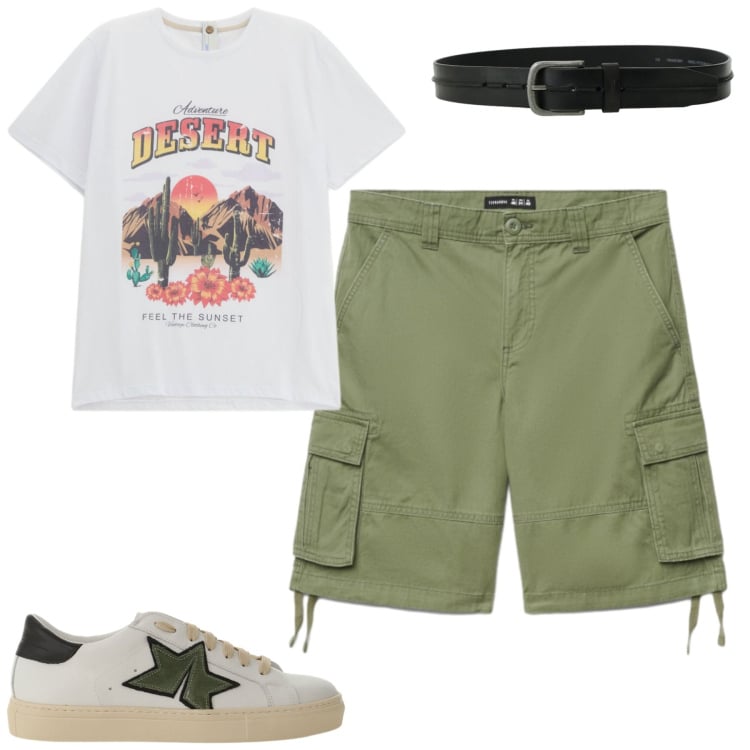 Outfit uomo - Total look #2409751. Stile Casual per Tutti i giorni. Abbinamento con shorts, t-shirt, sneakers, cinture.