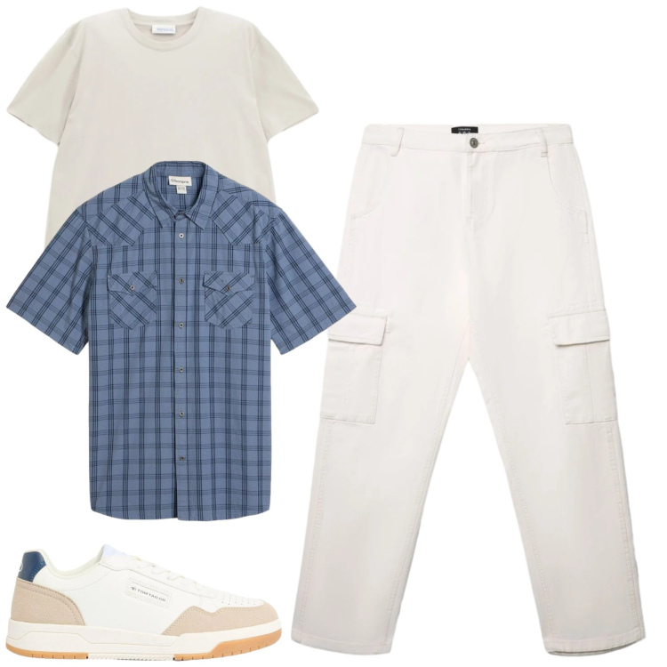 Outfit uomo - Maggio. Stile Casual per Tutti i giorni. Abbinamento con sneakers, camicie a manica corta, pantaloni cargo, t-shirt.