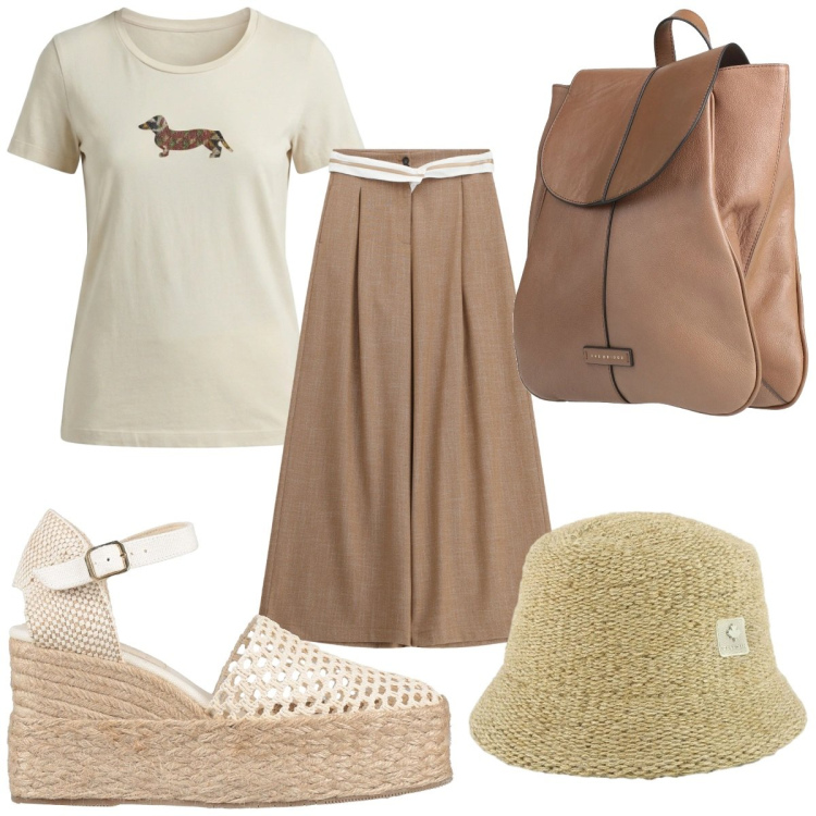 Outfit donna - Total look #2409784. Stile Trendy per Tutti i giorni. Abbinamento con espadrillas, zaini, pantaloni a palazzo, t-shirt, cappelli.