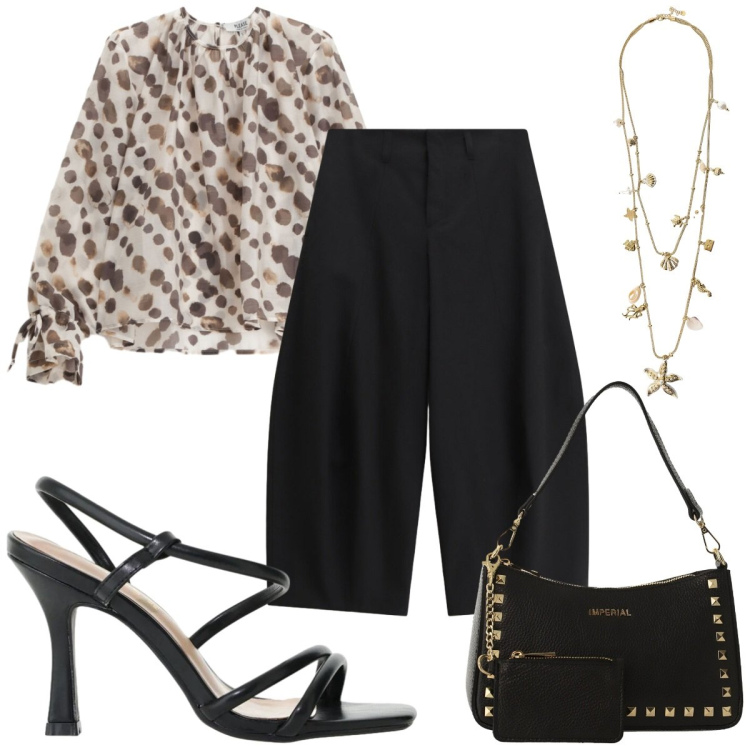 Outfit donna - Total look #2409786. Stile Trendy per Serata fuori. Abbinamento con borse a spalla, sandali col tacco, collane, bluse, pantaloni a palazzo.