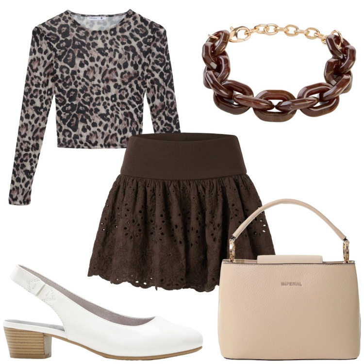 Outfit donna - Total look #2409792. Stile Trendy per Tutti i giorni. Abbinamento con décolleté, braccialetti, t-shirt, minigonne, borse a secchiello.
