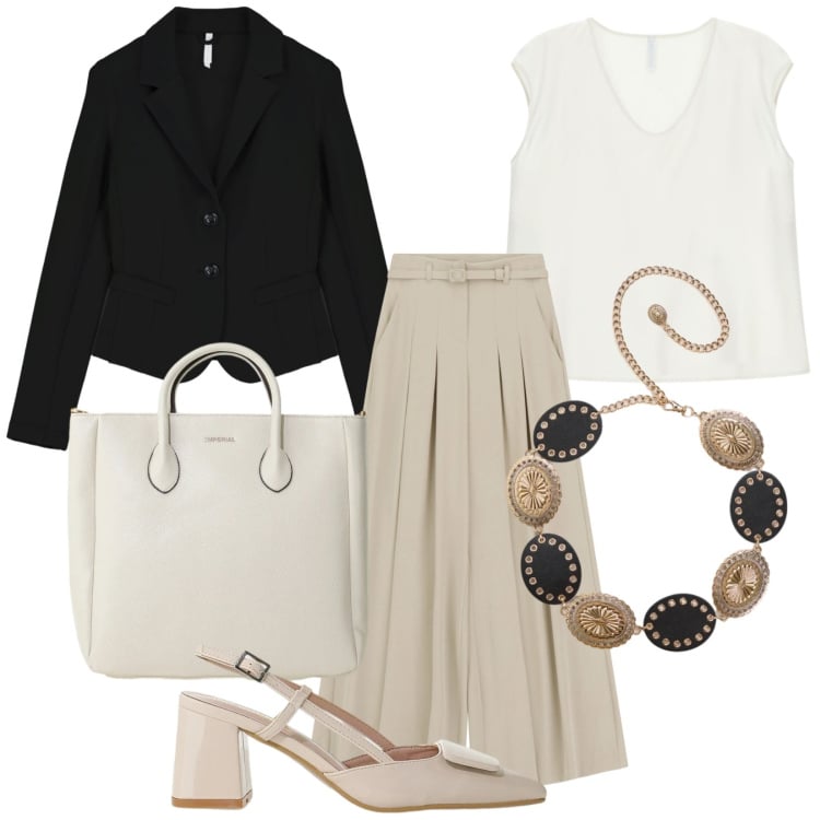 Outfit donna - Total look #2409797. Stile Chic per Ufficio. Abbinamento con cinture, pantaloni a palazzo, top, blazer, borse a tracolla, décolleté.