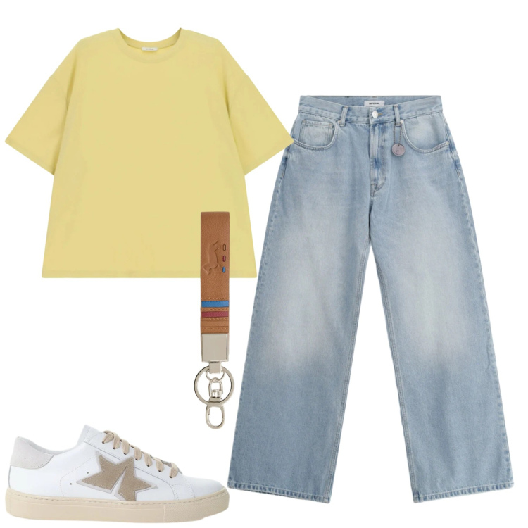 Outfit uomo - Jeans e maglietta. Stile Casual per Tutti i giorni. Abbinamento con jeans, t-shirt, sneakers, portachiavi.