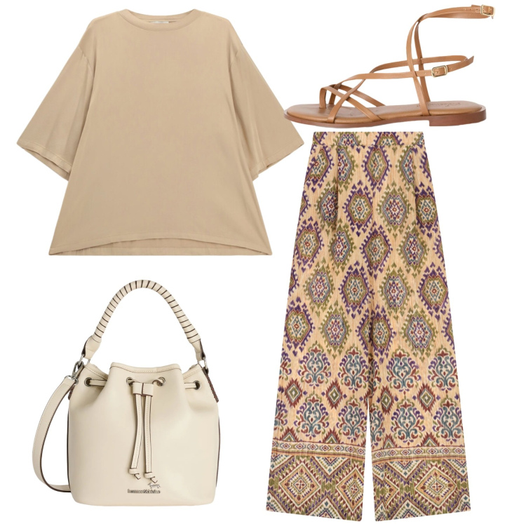 Outfit donna - City Summer Mood. Stile Bon Ton per Tutti i giorni. Abbinamento con borse a secchiello, sandali in pelle, t-shirt, pantaloni a palazzo.