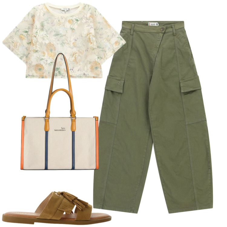 Outfit donna - Day off. Stile Casual per Tutti i giorni. Abbinamento con sandali, borse tote, top, pantaloni cargo.