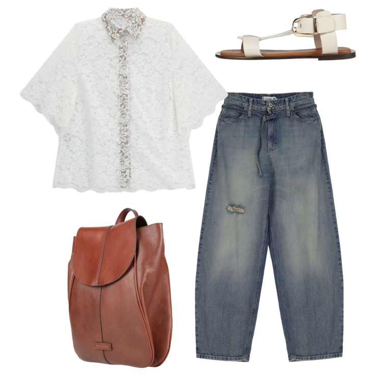 Outfit donna - Total look. Stile Casual chic per Tutti i giorni. Abbinamento con sandali alla schiava, zaini, camicie a manica corta, jeans.