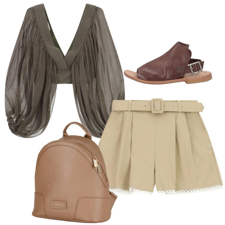 Outfit donna - Chic in centro. Stile Chic per Tutti i giorni. Abbinamento con zaini, sandali in pelle, top, shorts.