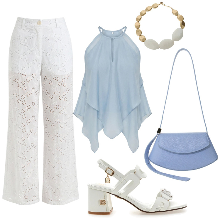 Outfit donna - Summer nights - city life. Stile Glamour per Serata fuori. Abbinamento con canottiere, pantaloni, borse a spalla, collane, sandali col tacco.