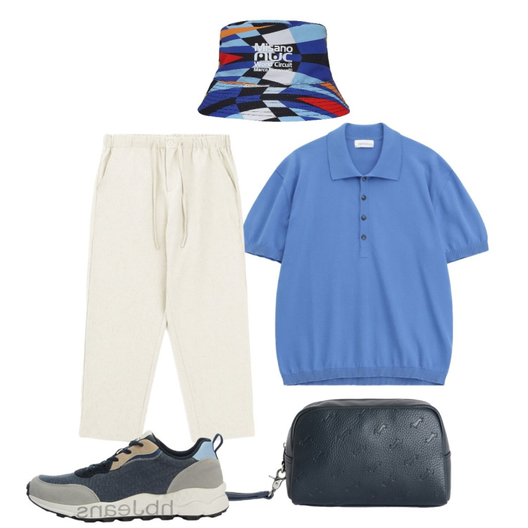 Outfit uomo - In città. Stile Trendy per Tutti i giorni. Abbinamento con cappelli, pantaloni, polo, borse sportive, sneakers.
