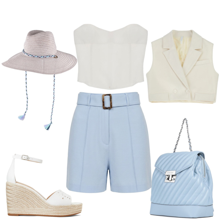Outfit donna - Aperitivo Bon Ton - Bridgerton style. Stile Bon Ton per Tutti i giorni. Abbinamento con zaini, cappelli, espadrillas, shorts, top, gilet.