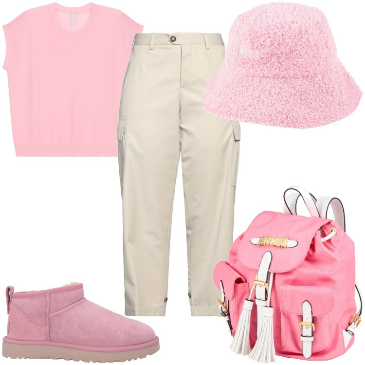 Outfit donna - Look da giornata all’aperto -in rosa. Stile Casual per Tutti i giorni. Abbinamento con cappelli, zaini, stivaletti, pantaloni cargo, top.