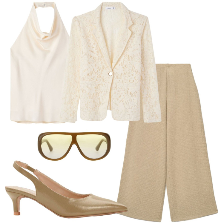 Outfit donna - Luce. Stile Bon Ton per Cerimonia. Abbinamento con décolleté, pantaloni a palazzo, blazer, canottiere, occhiali da sole.