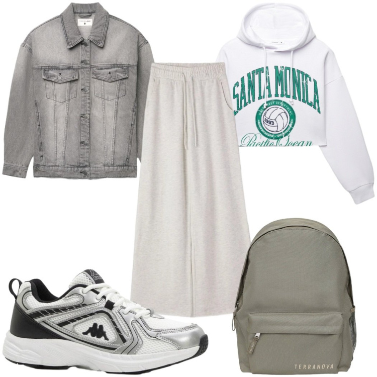Outfit donna - Look da giornata all’aperto -sport. Stile Basic per Sport. Abbinamento con sneakers, pantaloni, zaini, cappotti, felpe con cappuccio.