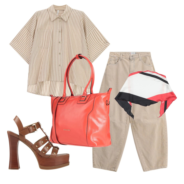 Outfit donna - Maggio. Stile Casual chic per Tutti i giorni. Abbinamento con sandali in pelle, stole, zaini, camicie a manica corta, jeans.