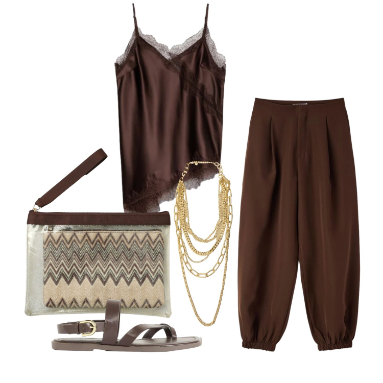 Outfit donna - Maggio. Stile Trendy per Tutti i giorni. Abbinamento con sandali, pantaloni, canottiere, pochette, collane.