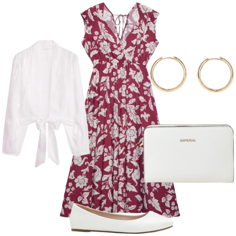 Outfit donna - Total look #2409846. Stile Romantica per Serata fuori. Abbinamento con ballerine, orecchini, kimono, vestiti midi/longuette, borse a tracolla.