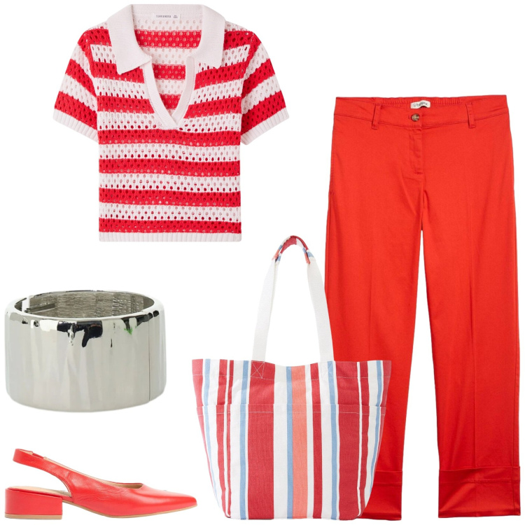 Outfit donna - Total look #2409848. Stile Casual chic per Tutti i giorni. Abbinamento con shopping bag, décolleté, pantaloni chino, t-shirt, braccialetti.