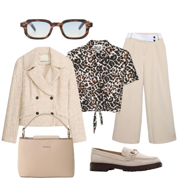 Outfit donna - In città. Stile Casual chic per Tutti i giorni. Abbinamento con mocassini, blazer, pantaloni, camicie a manica corta, occhiali da sole, borse a secchiello.