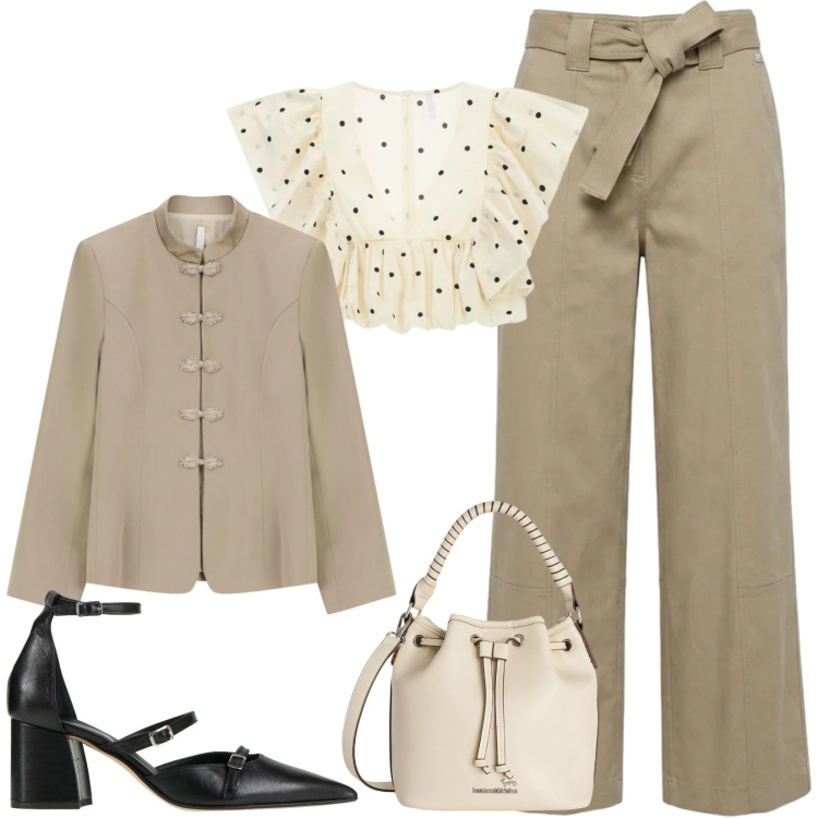 Outfit donna - Total look #2409855. Stile Chic per Cerimonia. Abbinamento con décolleté, top, blazer, borse a secchiello, pantaloni.