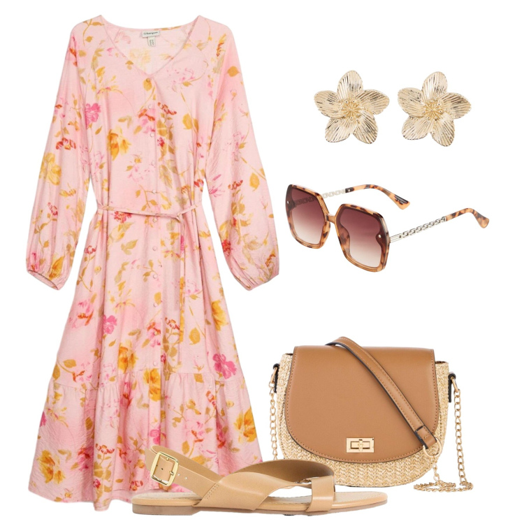 Outfit donna - Apericena lungomare. Stile Glamour per Tutti i giorni. Abbinamento con vestiti midi/longuette, borse a tracolla, sandali, occhiali da sole, orecchini.