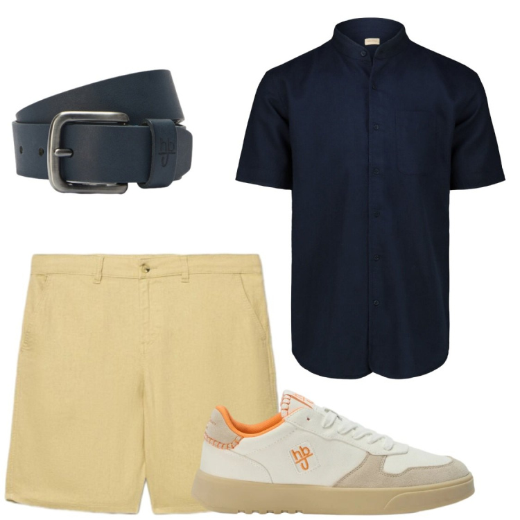 Outfit uomo - Estate. Stile Casual Abbinamento con shorts, sneakers, cinture, camicie a manica corta.