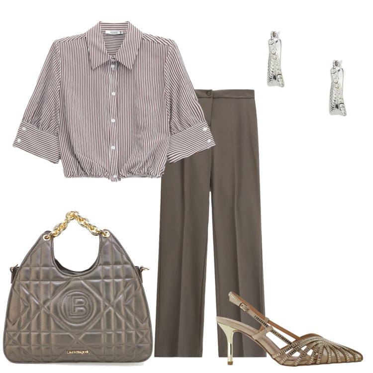 Outfit donna - Total look #2409878. Stile Casual chic per Ufficio. Abbinamento con pantaloni, camicie, décolleté, orecchini, borse a mano.
