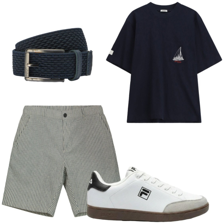 Outfit uomo - Estate. Stile Trendy per Serata speciale. Abbinamento con sneakers, t-shirt, cinture, bermuda.