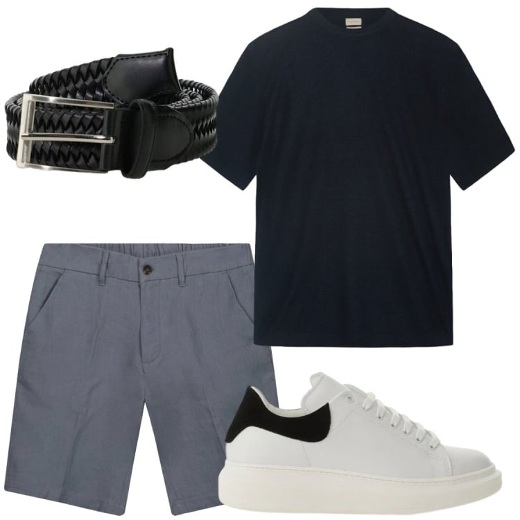 Outfit uomo - Estate. Stile Trendy per Serata speciale. Abbinamento con sneakers, cinture, bermuda, t-shirt.