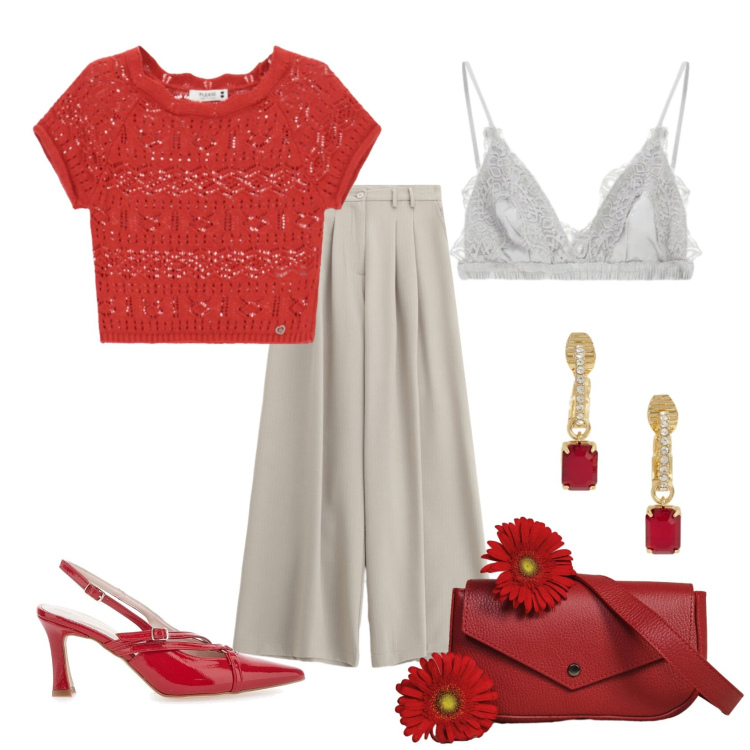 Outfit donna - Total look #2409884. Stile Chic per Serata fuori. Abbinamento con reggiseni, pantaloni a palazzo, top, borse a tracolla, orecchini, décolleté.