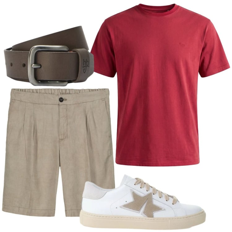 Outfit uomo - Estate. Stile Trendy per Serata speciale. Abbinamento con sneakers, t-shirt, cinture, bermuda.