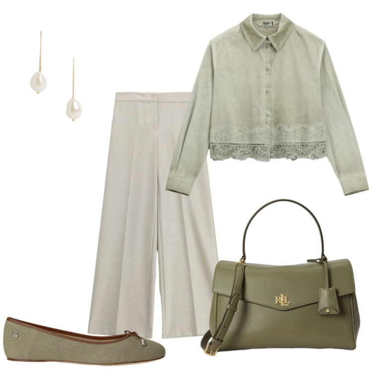 Outfit donna - Total look #2409890. Stile Casual chic per Serata fuori. Abbinamento con pantaloni a palazzo, camicie, ballerine, borse a mano, orecchini.