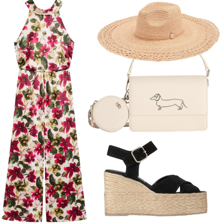 Outfit donna - Look da giornata all’aperto. Stile Glamour per Tutti i giorni. Abbinamento con espadrillas, tute, cappelli, borse a tracolla.