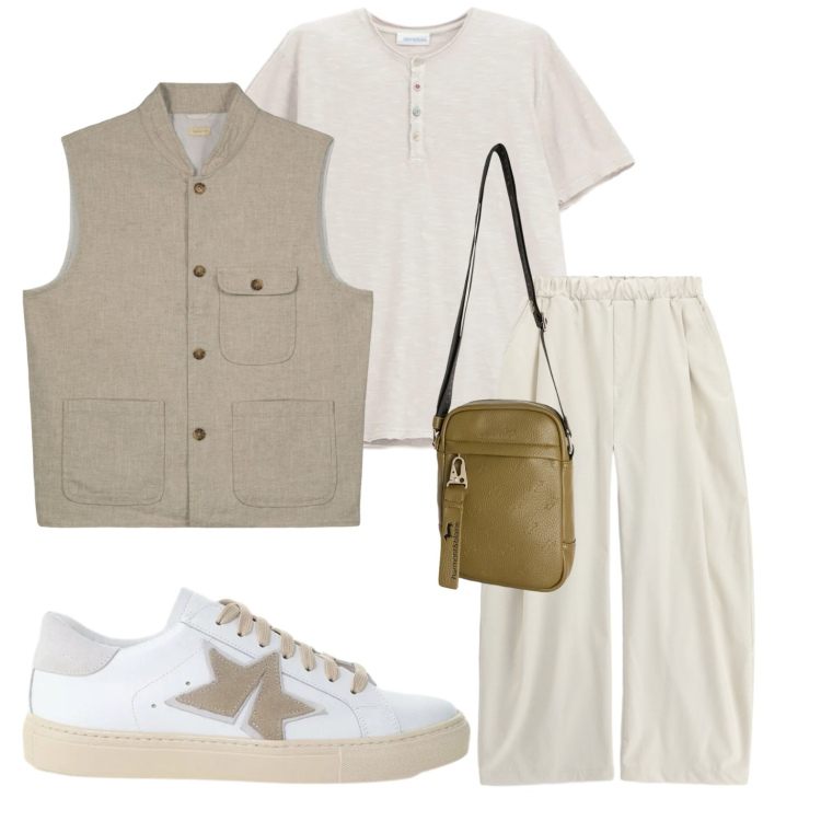 Outfit uomo - Neutral tones. Stile Casual per Tutti i giorni. Abbinamento con pantaloni, sneakers, t-shirt, gilet, borse sportive.