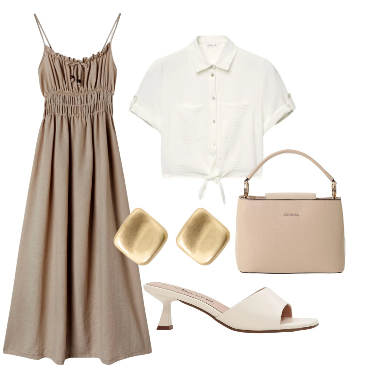 Outfit donna - Total look #2409900. Stile Glamour per Serata fuori. Abbinamento con ciabatte, vestiti lunghi, camicie a manica corta, borse a secchiello, orecchini.