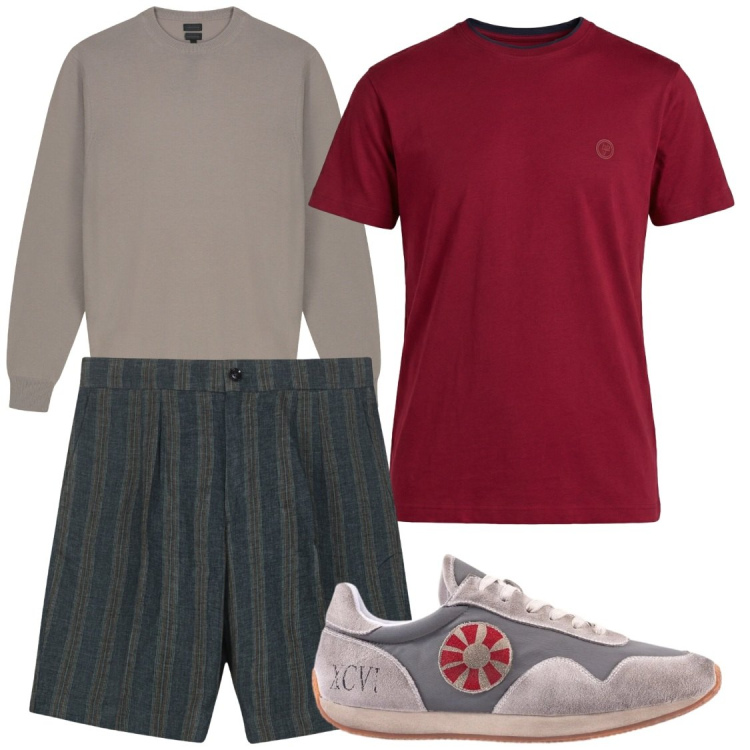 Outfit uomo - Con la maglia sulle spalle. Stile Trendy per Serata speciale. Abbinamento con t-shirt, sneakers, maglieria, bermuda.