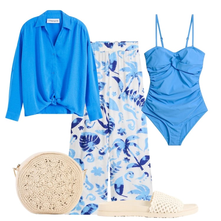 Outfit donna - Weekend e tuffi. Stile Trendy per Mare. Abbinamento con bluse, borse a tracolla, ciabatte, costumi interi, pantaloni.