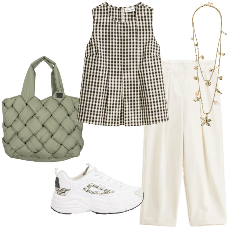 Outfit donna - Quadri. Stile Preppy per Tutti i giorni. Abbinamento con canottiere, sneakers, collane, pantaloni, borse tote.