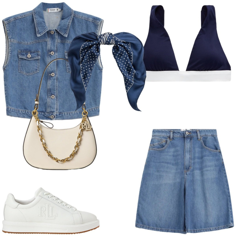 Outfit donna - Gilet di denim. Stile Casual per Tutti i giorni. Abbinamento con bermuda, gilet, reggiseni, sneakers, borse a spalla, foulard.