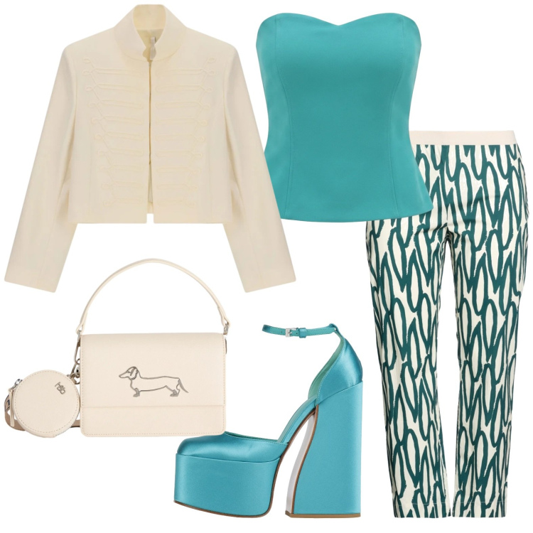 Outfit donna - La zia al battesimo del nipote. Stile Bon Ton per Cerimonia. Abbinamento con pantaloni, décolleté, top, blazer, borse a tracolla.