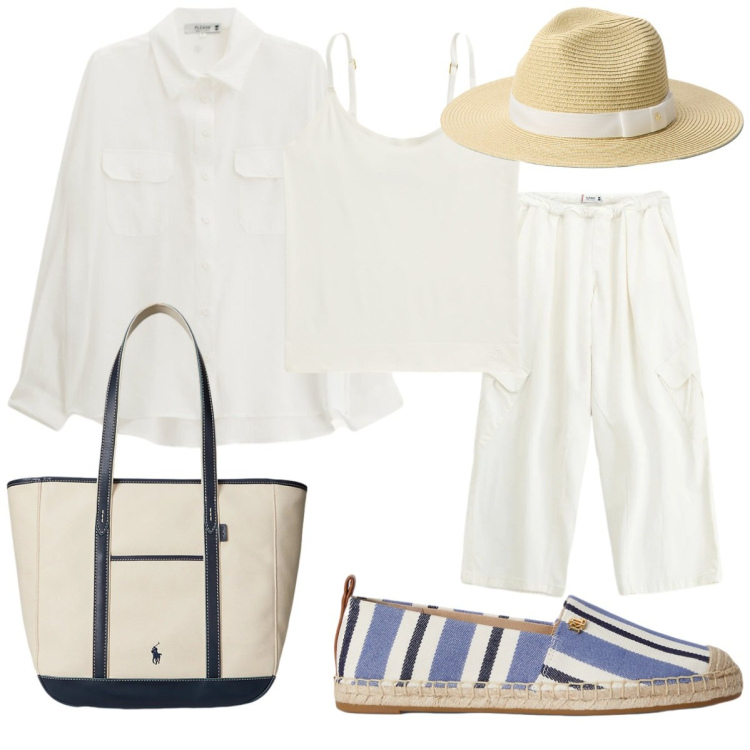 Outfit donna - Fresco Bianco. Stile Casual chic per Tutti i giorni. Abbinamento con pantaloni a palazzo, camicie, espadrillas, borse tote, magliette intime, cappelli.