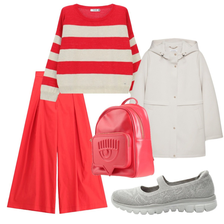 Outfit donna - Righe. Stile Casual chic per Tutti i giorni. Abbinamento con zaini, ballerine, pantaloni a palazzo, maglieria, blazer.