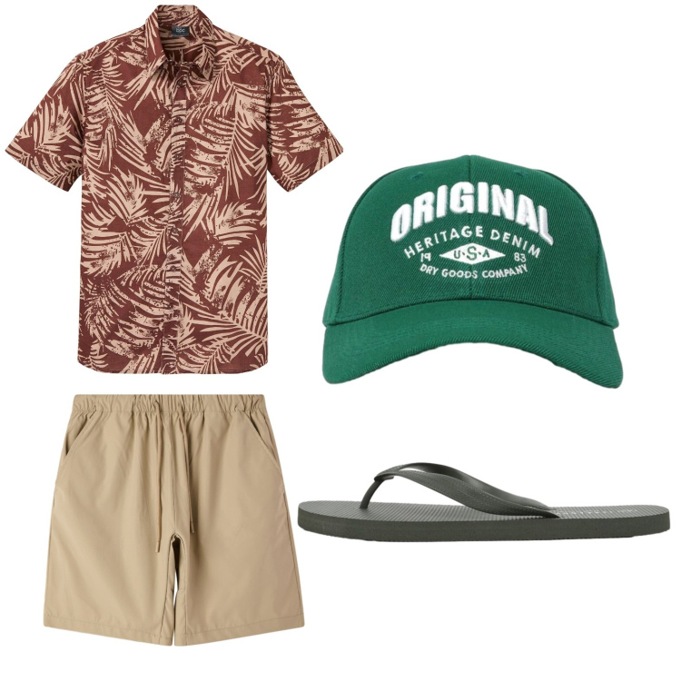 Outfit uomo - La camicia hawaiana. Stile Casual per Tutti i giorni. Abbinamento con camicie a manica corta, shorts, cappelli con visiera, sandali.
