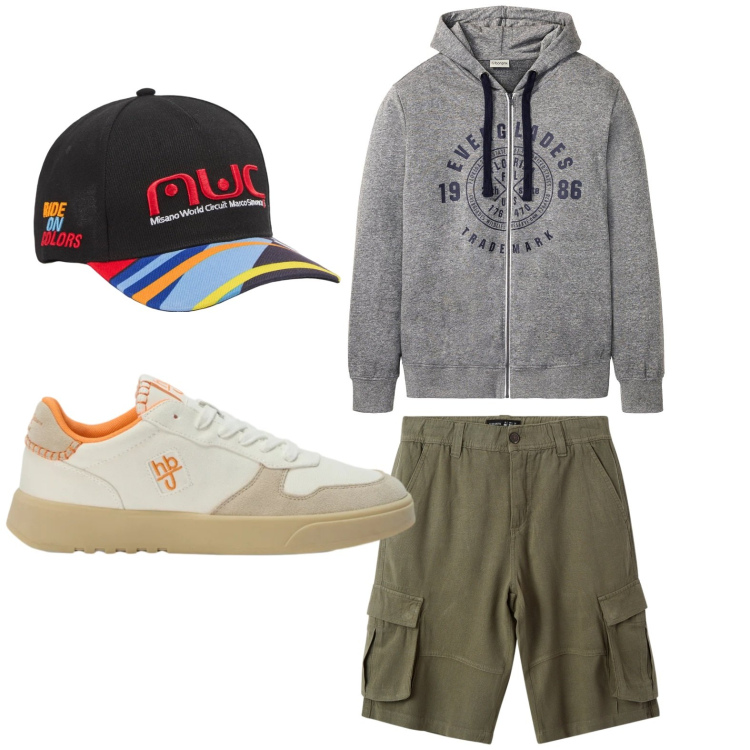 Outfit uomo - Accessori colorati. Stile Trendy per Tutti i giorni. Abbinamento con felpe con cappuccio, cappelli con visiera, bermuda, sneakers.