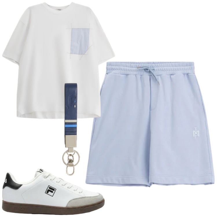Outfit uomo - Total look #2409924. Stile Casual per Tutti i giorni. Abbinamento con sneakers, t-shirt, bermuda, portachiavi.